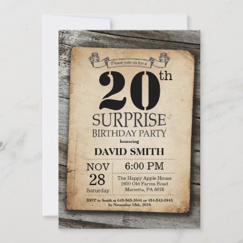 Surprise Rustic 20th Birthday Invitation Vintage