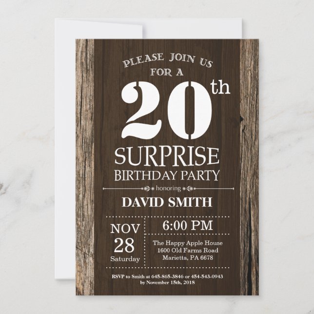 Surprise Rustic 20th Birthday Invitation Vintage (Front)