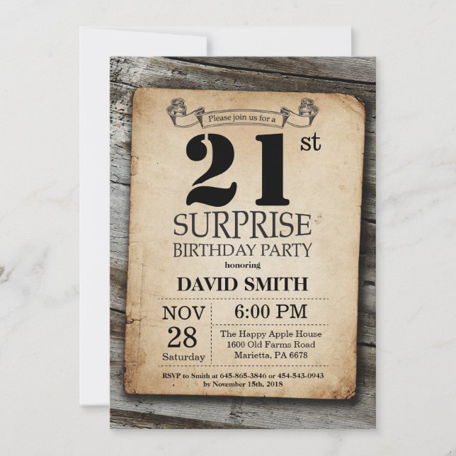 Surprise Rustic 21st Birthday Invitation Vintage (Front)