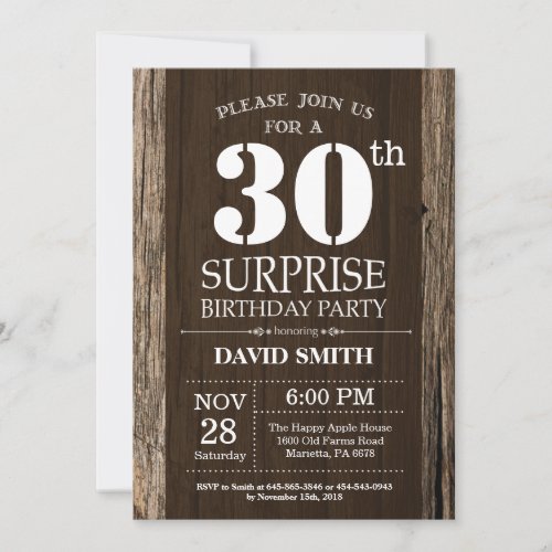 Surprise Rustic 30th Birthday Invitation Vintage