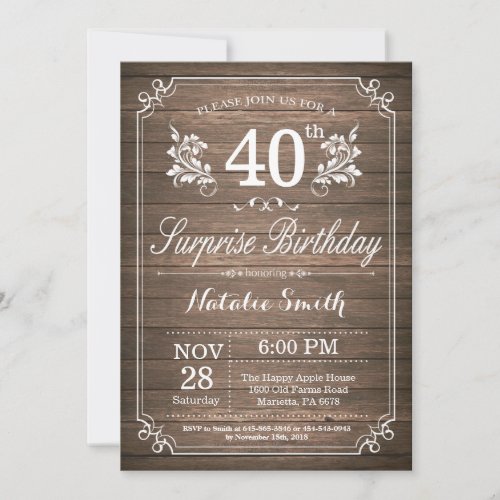 Surprise Rustic 40th Birthday Invitation Floral