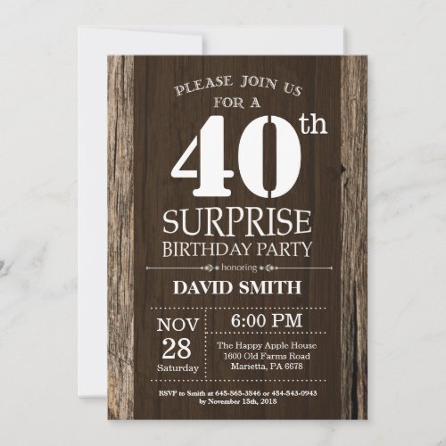 Surprise Rustic 40th Birthday Invitation Vintage