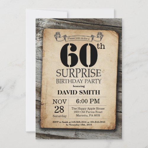Surprise Rustic 60th Birthday Invitation Vintage