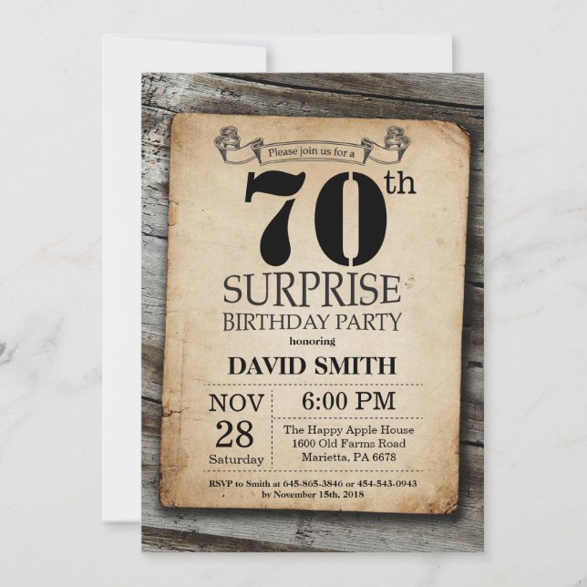 Surprise Rustic 70th Birthday Invitation Vintage (Front)
