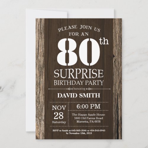 Surprise Rustic 80th Birthday Invitation Vintage