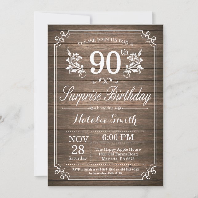 Surprise Rustic 90th Birthday Invitation Floral (Front)