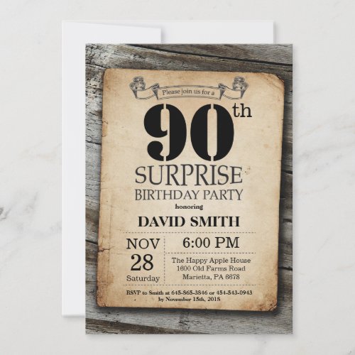 Surprise Rustic 90th Birthday Invitation Vintage