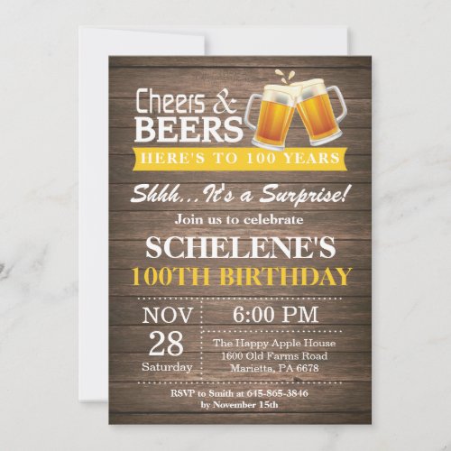 Surprise Rustic Cheers and Beers 100th Birthday Invitation