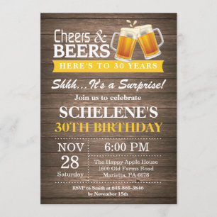 Surprise Rustic Cheers and Beers 30th Birthday Invitation
