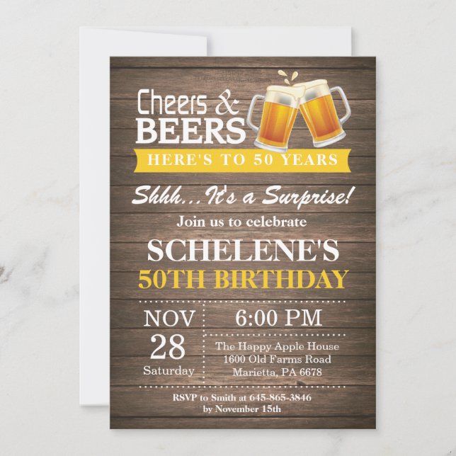 Surprise Rustic Cheers and Beers 50th Birthday Invitation (Front)