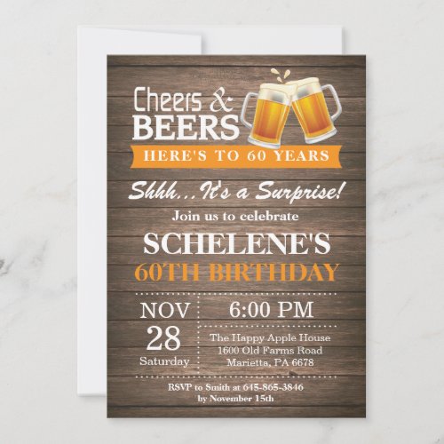 Surprise Rustic Cheers and Beers 60th Birthday Invitation