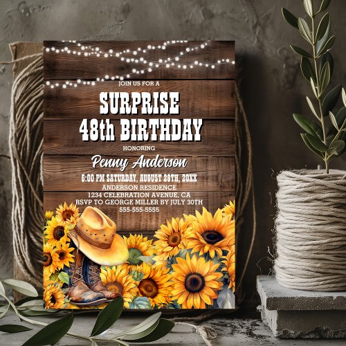 Surprise Rustic Wood Sunflower Birthday Party  Invitation