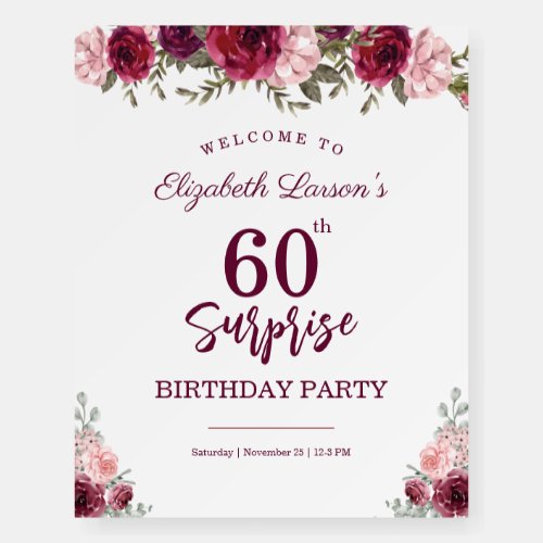 Surprise Senior Birthday Party Floral Burgundy Foam Board