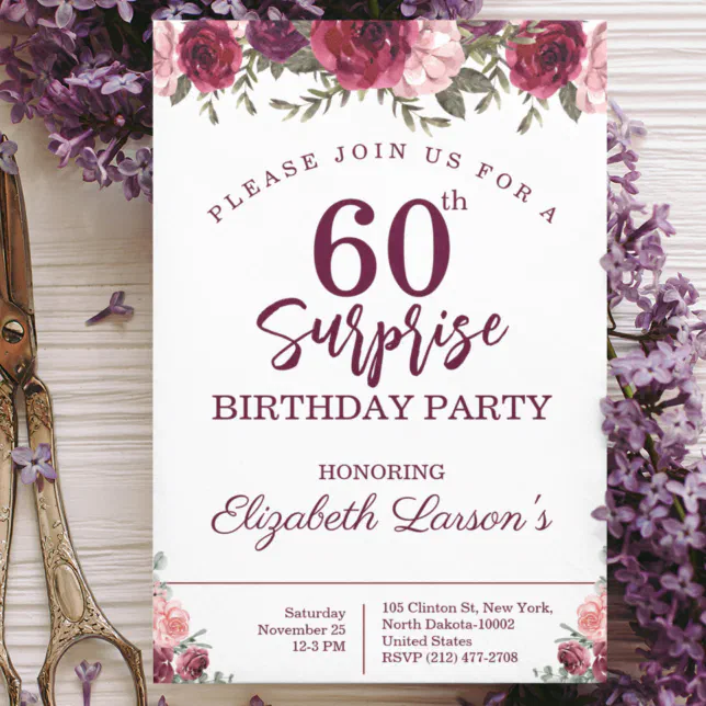 Surprise Senior Birthday Party Floral Burgundy Invitation | Zazzle