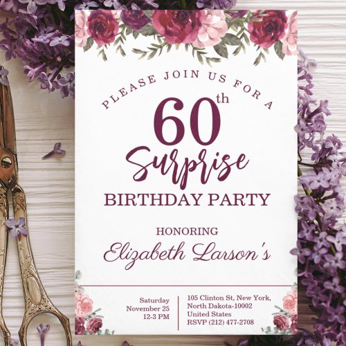 Surprise Senior Birthday Party Floral Burgundy Invitation