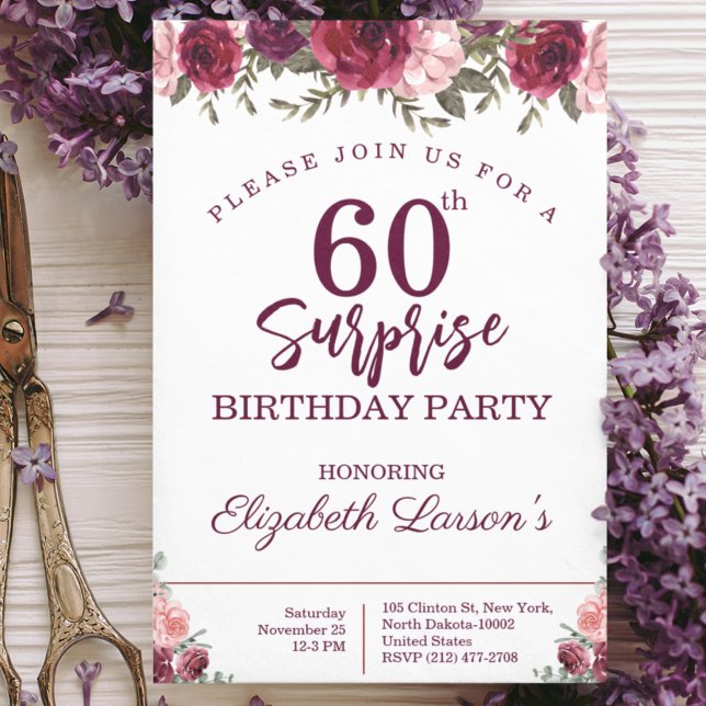 Surprise Senior Birthday Party Floral Burgundy Invitation (Creator Uploaded)
