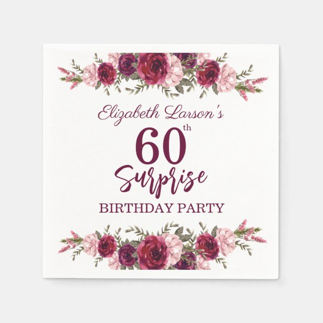 Surprise Senior Birthday Party Floral Burgundy Napkins (Front)