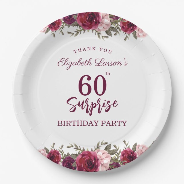 Surprise Senior Birthday Party Floral Burgundy Paper Plates (Front)