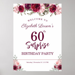 Surprise Senior Birthday Party Floral Burgundy Poster