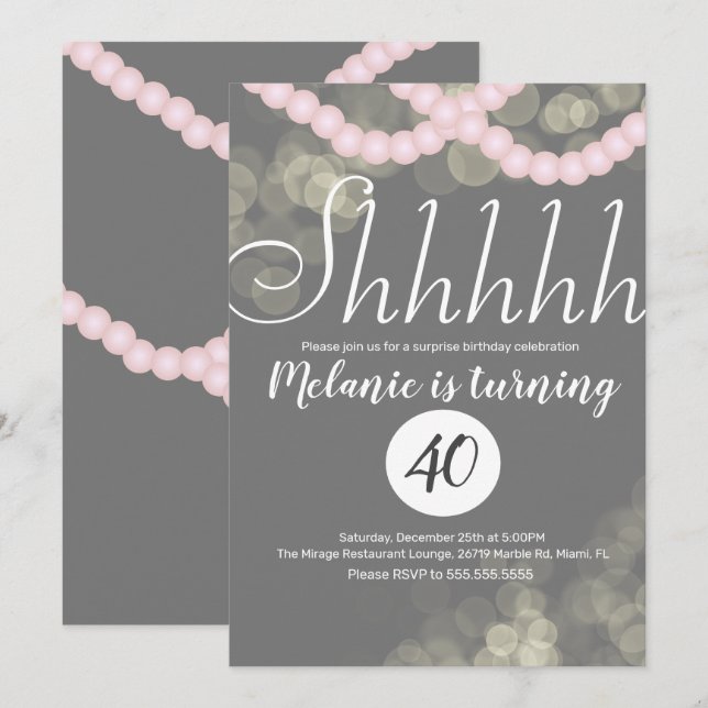 Surprise Shhhhhh Pink Pearl Bokeh Birthday Party Invitation (Front/Back)