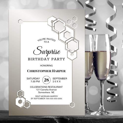 Surprise Silver Geometric Birthday Party Invitation