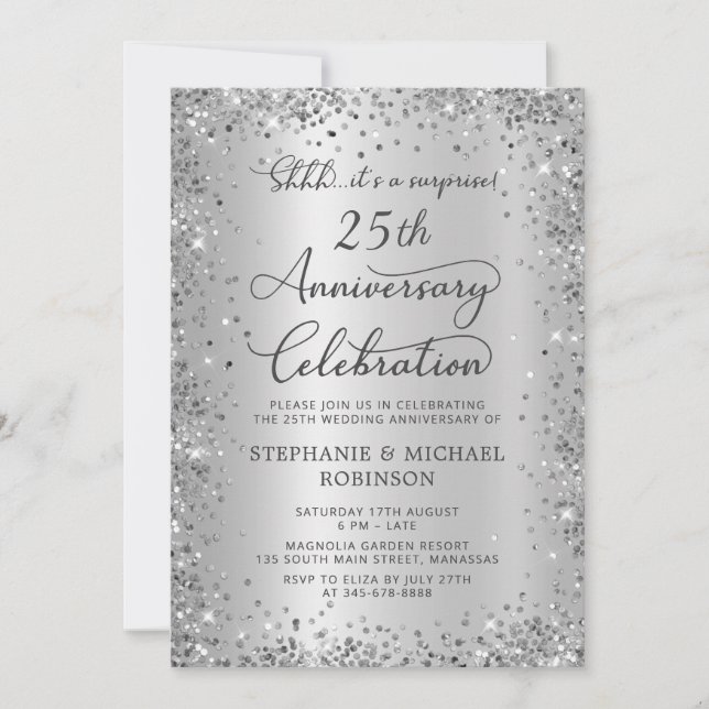 Surprise Silver Glitter 25th Wedding Anniversary Invitation (Front)