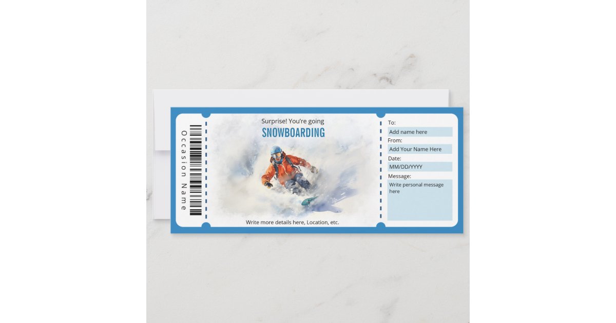 Surprise Snowboarding Ticket Voucher Template Zazzle