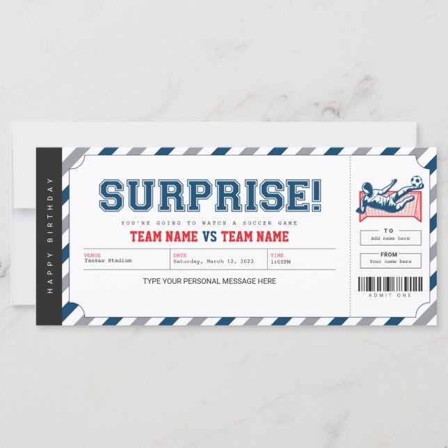 Surprise Soccer Football Game Personalized Ticket (Front)