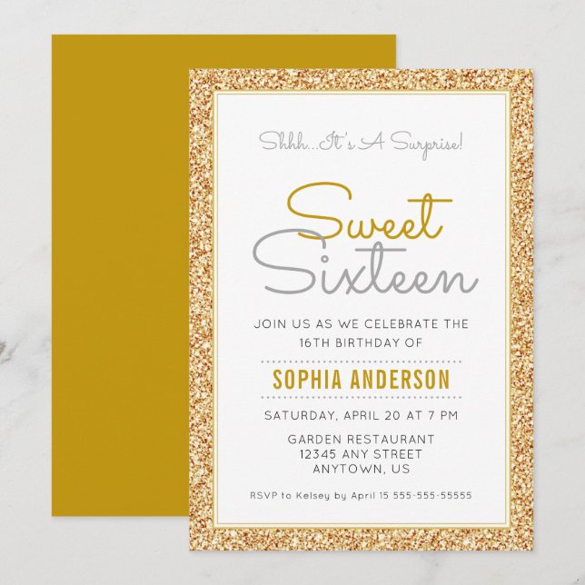 Surprise Sweet 16 Birthday Faux Gold Glitter Invitation (Front/Back)
