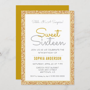 Surprise Sweet 16 Birthday Faux Gold Glitter Invitation