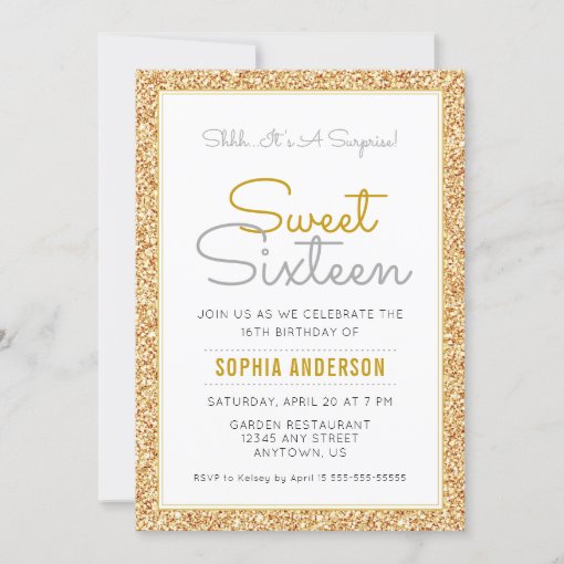 Surprise Sweet 16 Birthday Faux Gold Glitter Invitation 