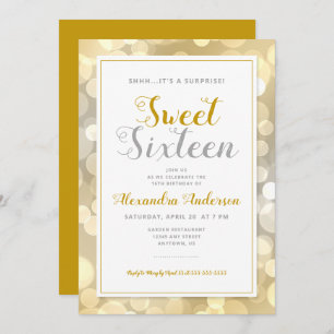 Surprise Sweet 16 Birthday Party Gold Bokeh Invitation