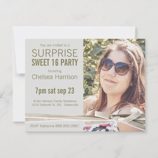 Surprise Sweet 16 Photo Birthday Party Invitation (Front)