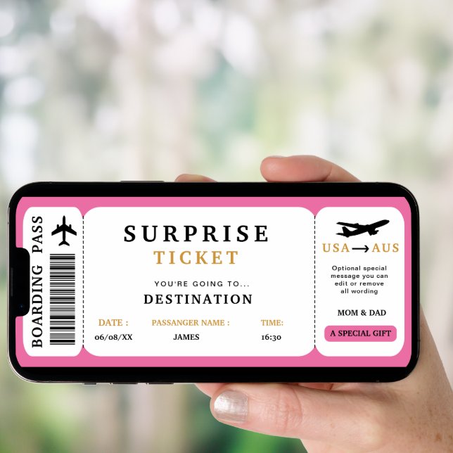 Surprise Trip Ticket  Plane Travel Boarding Pass Invitation (Front Digital)