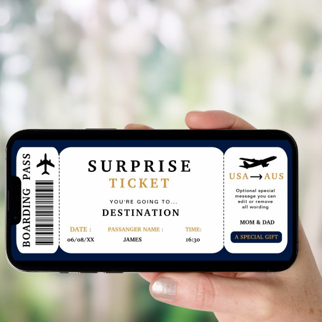 Surprise Trip Ticket  Plane Travel Boarding Pass Invitation (Front Digital)