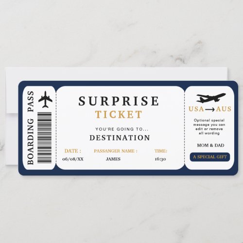 Surprise Trip Ticket  Plane Travel Boarding Pass Invitation