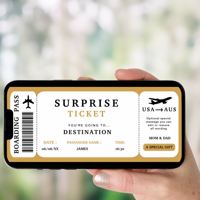Surprise Trip Ticket  Plane Travel Boarding Pass Invitation (Front Digital)