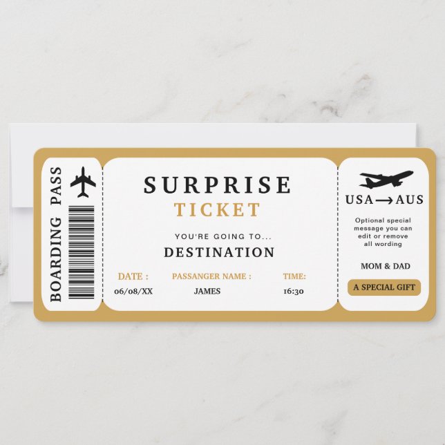 Surprise Trip Ticket  Plane Travel Boarding Pass Invitation (Front)