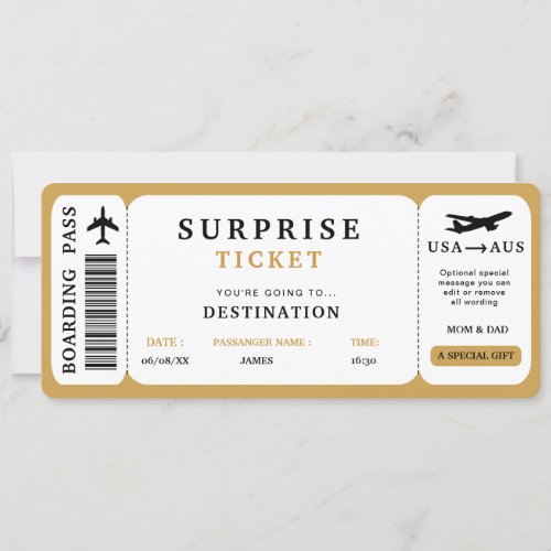 Surprise Trip Ticket  Plane Travel Boarding Pass Invitation