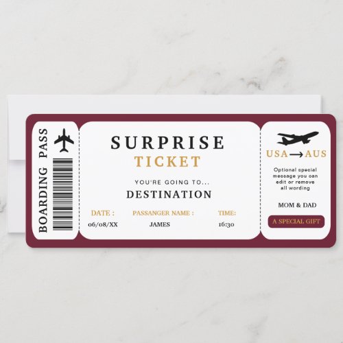 Surprise Trip Ticket  Plane Travel Boarding Pass Invitation