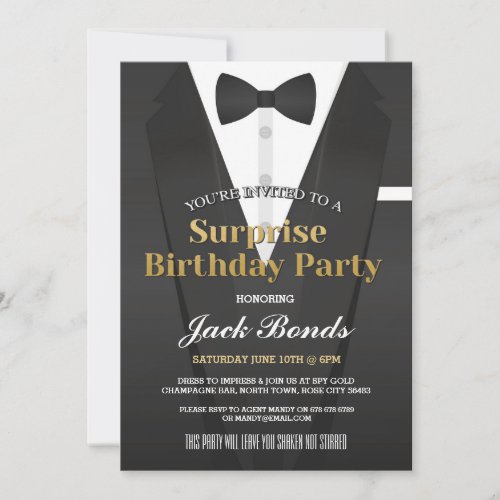 Surprise Tuxedo Black Tie Event Birthday Agent Invitation