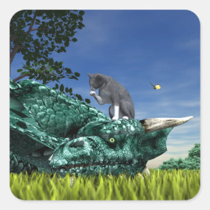 Surprise Visitor - Cute Cat on Dragon’s Head Square Sticker