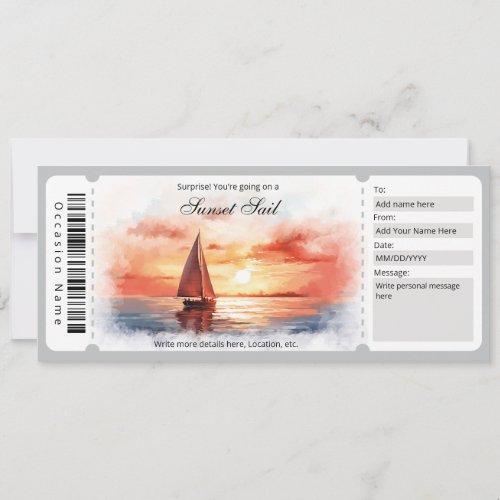 Surprise Watercolor Sunset Sailing Ticket Template