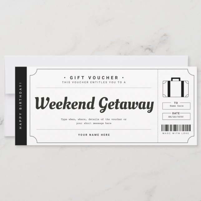 Surprise Weekend Getaway Gift Travel Voucher Invitation (Front)