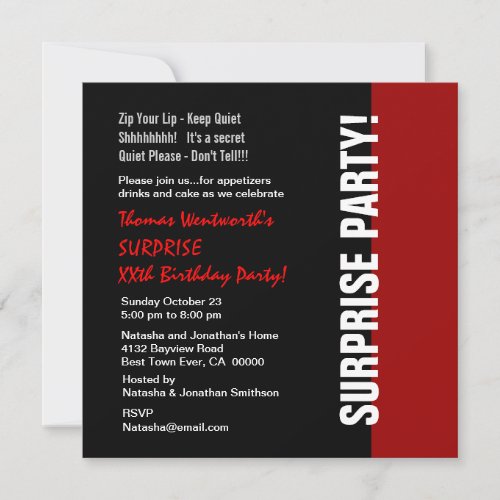 SURPRISE Year Birthday Modern Black Red White Invites