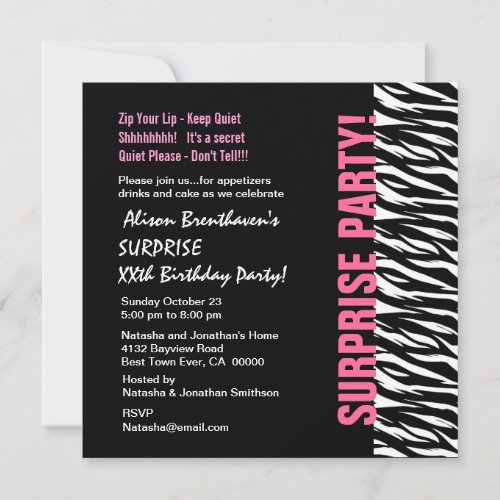 SURPRISE Year Birthday Pink and Black Zebra V054 Custom Invite
