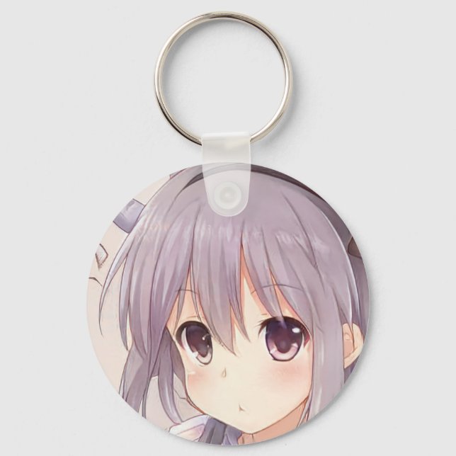 Surprised anime girl gray hair plum eyes manga keychain (Front)