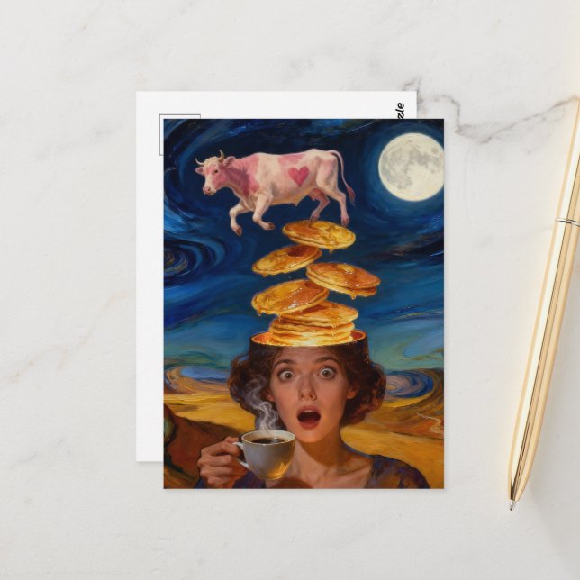 Surprised Breakfast Lady Pancakes Coffee Pink Cow Postcard (Front/Back In Situ)