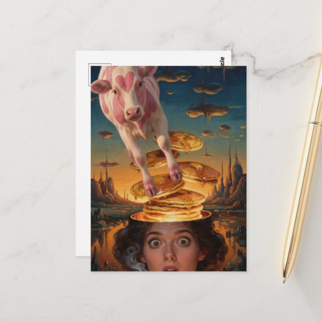 Surprised Breakfast Lady Pancakes Pink Cow Surreal Postcard (Front/Back In Situ)