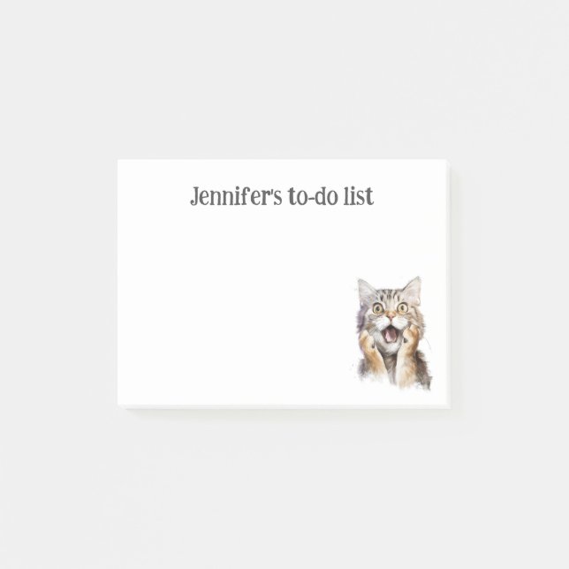 Surprised cat gray  brindle cat PERSONALIZED Post-it Notes (Front)